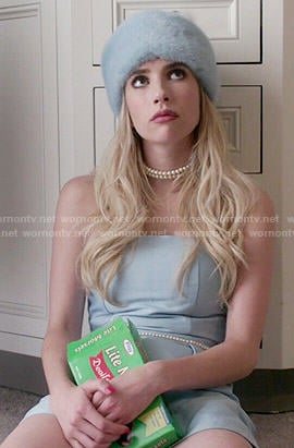 Chanel’s blue strapless romper on Scream Queens