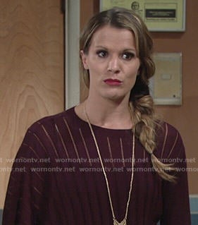 Chelsea’s burgundy poncho sweater on The Young and the Restless