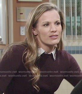 Chelsea’s burgundy sweater and plaid shirt combo on The Young and the Restless