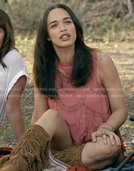 Erica’s coral beaded top and fringed suede boots on Last Man on Earth
