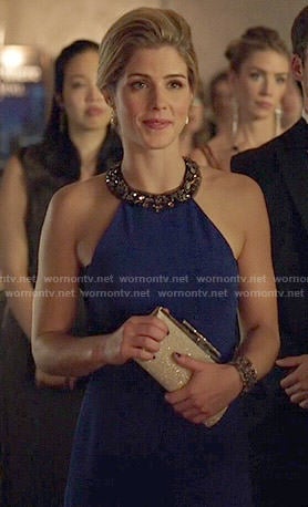 Felicity’s blue gown with embellished halter neck on Arrow