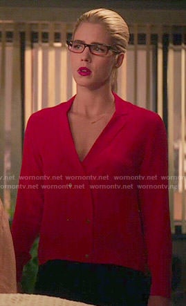 Felicity’s red double breasted blouse on Arrow