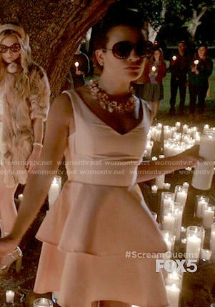 Hester’s pink tiered v-neck dress on Scream Queens