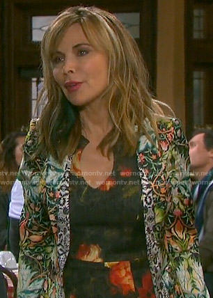 Kate’s black and orange floral dress and printed jacket on Days of our Lives