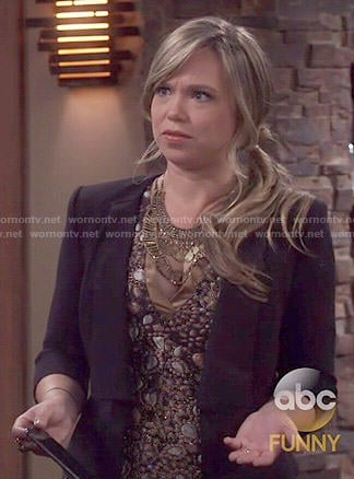 Kristin’s bronze paisley v-neck dress on Last Man Standing