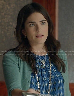 Laurel’s blue diamond print top and green cardigan on How to Get Away with Murder