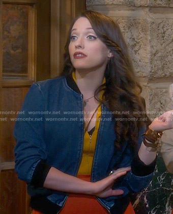 Max’s denim bomber jacket on 2 Broke Girls
