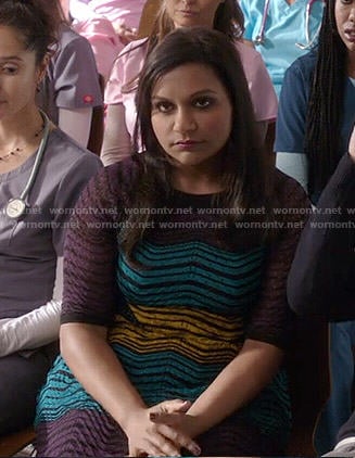 Mindy’s purple, yellow and blue zig zag dress on The Mindy Project