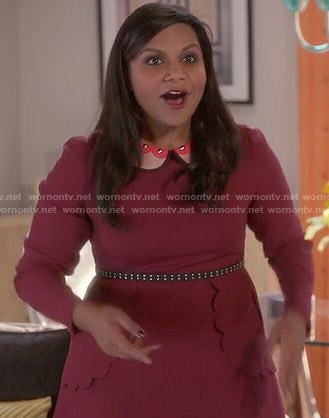 Mindy’s red scalloped front dress with studded collar on The Mindy Project