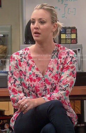 Penny’s pink floral v-neck blouse on The Big Bang Theory