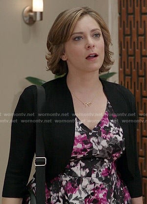 Rebecca’s pink and black floral v-neck dress on Crazy Ex-Girlfriend