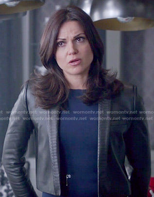Regina’s blue zipper dress and cropped leather jacket on Once Upon a Time