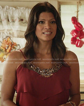 Xiomara’s red embellished layered top on Jane the Virgin