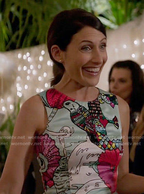 Abby’s bird and flower illustration print dress on Girlfriends Guide to Divorce