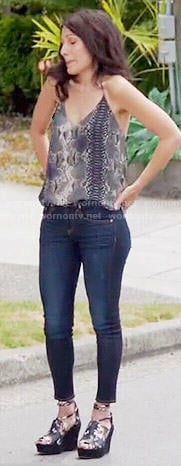 Abby’s snake print cami and floral wedges on Girlfriends Guide to Divorce