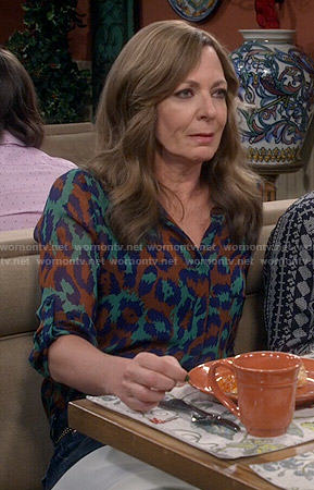Bonnie’s brown and green leopard print blouse on Mom