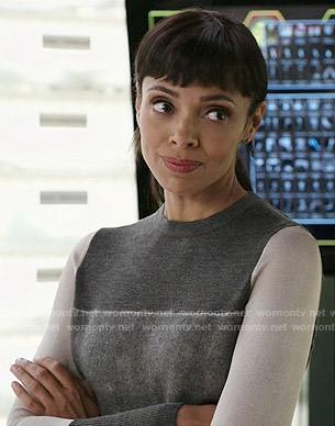 Camille’s grey colorblock sweater on Bones