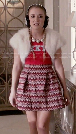 Chanel 3’s red KKT top and chevron knit skirt on Scream Queens