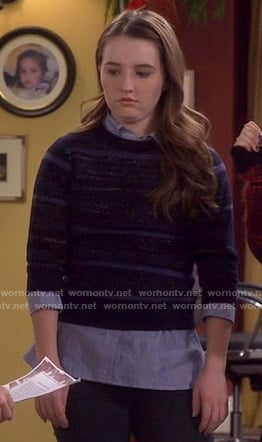 Eve’s blue metallic striped sweater on Last Man Standing