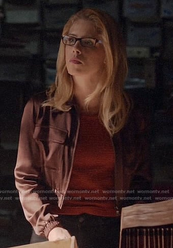 Felicity’s red striped top and cropped burgundy jacket on Arrow