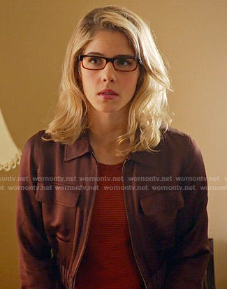 Felicity’s red striped top and cropped burgundy jacket on Arrow