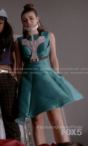 Hester’s emerald green asymmetric dress on Scream Queens
