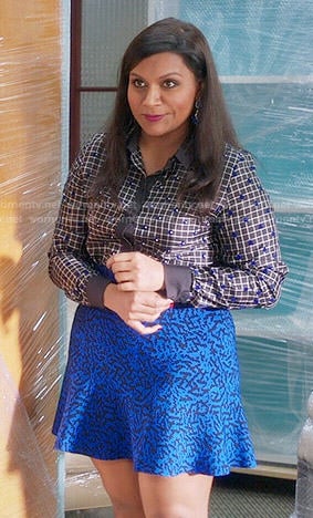 Mindy’s checked shirt and blue printed skirt on The Mindy Project