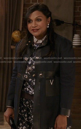 Mindy’s navy leather trimmed coat on The Mindy Project