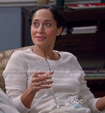 Rainbow’s beige striped sweater with zip shoulder on Black-ish