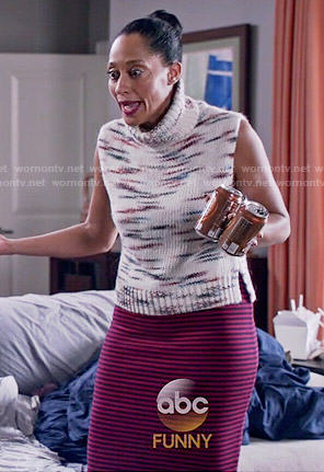 Rainbow’s sleeveless turtleneck and red striped skirt on Black-ish