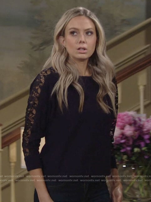 Abby’s blue lace sleeve sweater on The Young and the Restless