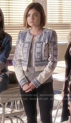 Aria’s blue and white studded jacket on Pretty Little Liars