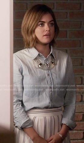 Aria’s white striped skirt and chambray shirt on Pretty Little Liars