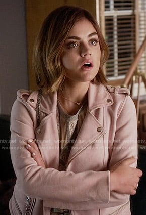 Aria’s pink leather jacket on Pretty Little Liars