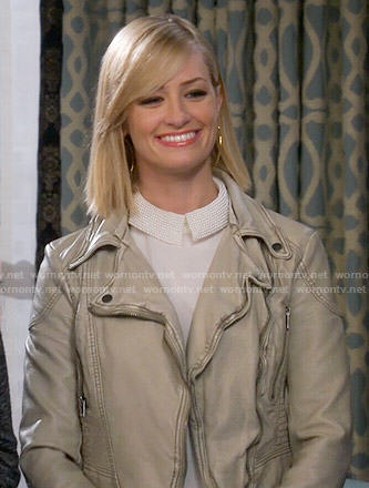 Caroline’s white beaded collar top and leather jacket on 2 Broke Girls