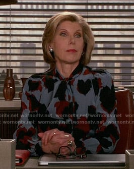 Diane’s blue printed neck tie blouse on The Good Wife