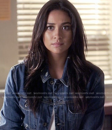 Emily’s denim jacket with raw hem on Pretty Little Liars