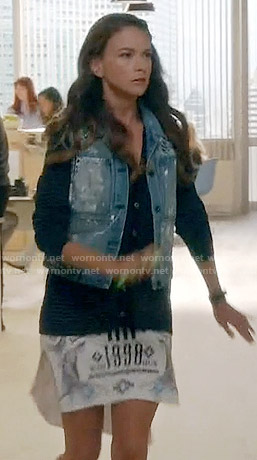 Liza’s distressed denim jacket and 1998 graphic skirt on Younger