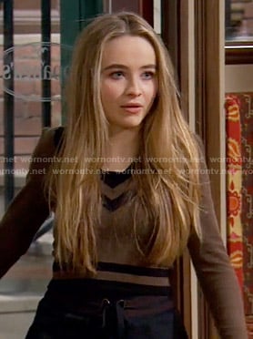 Maya’s brown cropped varsity sweater on Girl Meets World