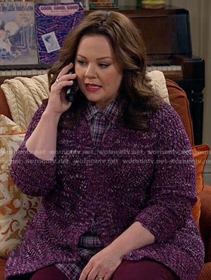 Molly’s purple cardigan and plaid shirt on Mike and Molly