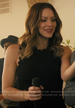 Paige’s black dress with zig zag trim on Scorpion