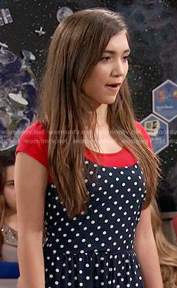 Riley’s navy polka dot jumpsuit on Girl Meets World