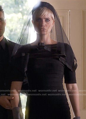 Sara’s black striped illusion dress on Pretty Little Liars