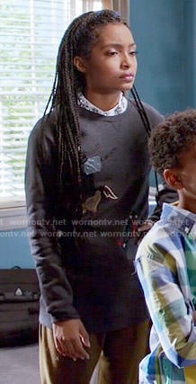 Zoey’s grey embroidered sweatshirt on Black-ish