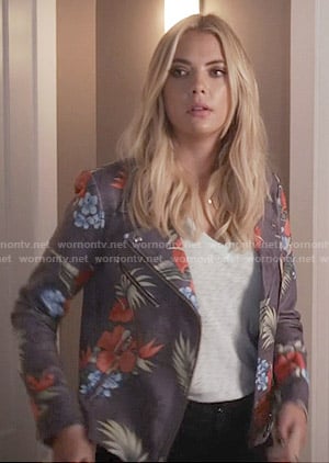 Hanna’s floral moto jacket on Pretty Little Liars