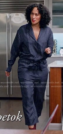 Rainbow’s navy polka dot jumpsuit on Black-ish