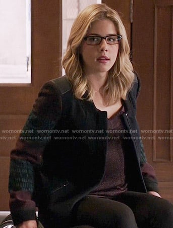 Felicity’s navy coat with patterned sleeves on Arrow