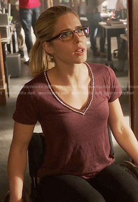 Felicity’s burgundy v-neck t-shirt with embellished trim on Arrow