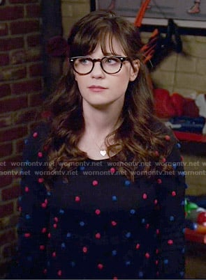 Jess’s red and blue polka dot sweater on New Girl