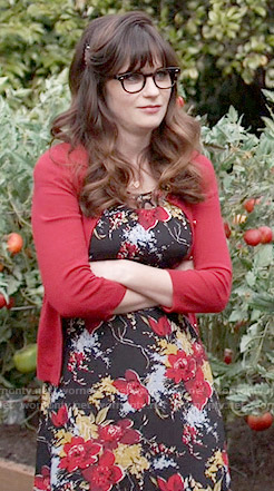 Jess’s black and red floral dress on New Girl